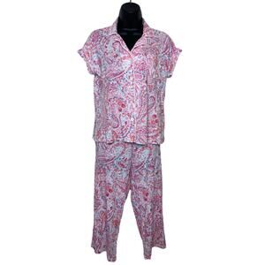 Lauren Ralph Lauren Pink Jersey Knit Stretch Paisley Pajama Set Capri Sz S